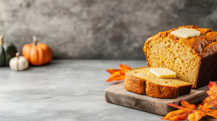 Autumn delight: freshly baked pumpkin bread with butter on rustic table