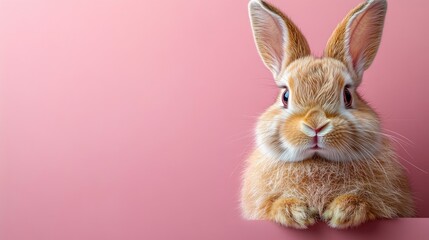 Obraz premium Photo of a little bunny, on a soft pink background Easter theme