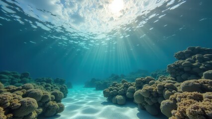 Fototapeta premium Sunlit coral reef underwater showing bleaching due to climate change 