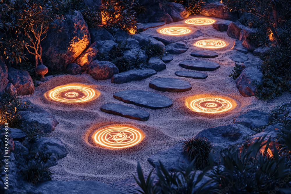 Poster A serene stone pathway illuminated by glowing circular patterns in a mystical night garden.