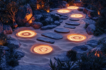 A serene stone pathway illuminated by glowing circular patterns in a mystical night garden.