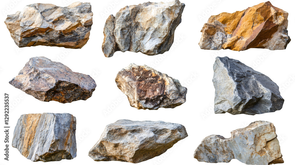 Poster nine different rocks isolated on transparent background, perfect for photo manipulations and visual 