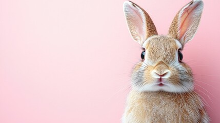 Obraz premium Photo of a little bunny, on a soft pink background Easter theme