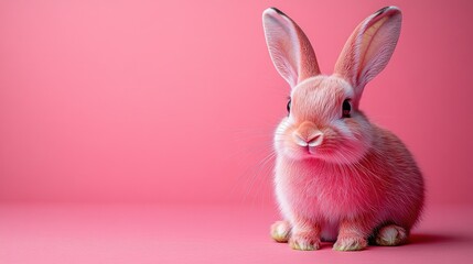 Obraz premium Photo of a little bunny, on a soft pink background Easter theme