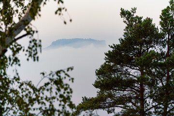Sonnenaufgang mit Nebel auf dem Gamrig im Nationalpark Sächsische Schweiz in Sachsen Deutschland 