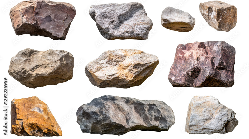 Poster nine rocks of different shapes, sizes, textures and colors isolated on transparent background, ideal