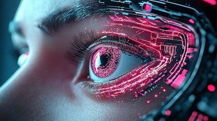 Close Up of Woman's Eye with Pink and Purple Digital Particles Swirling