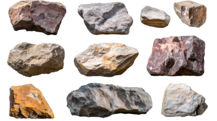 Nine rocks of different shapes, sizes, textures and colors isolated on transparent background, ideal for photo manipulations