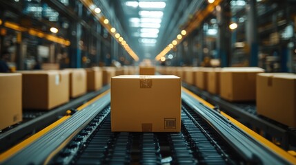 A busy warehouse with conveyor belts transporting cardboard boxes for distribution