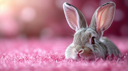 Fototapeta premium Photo of a little bunny, on a soft pink background Easter theme