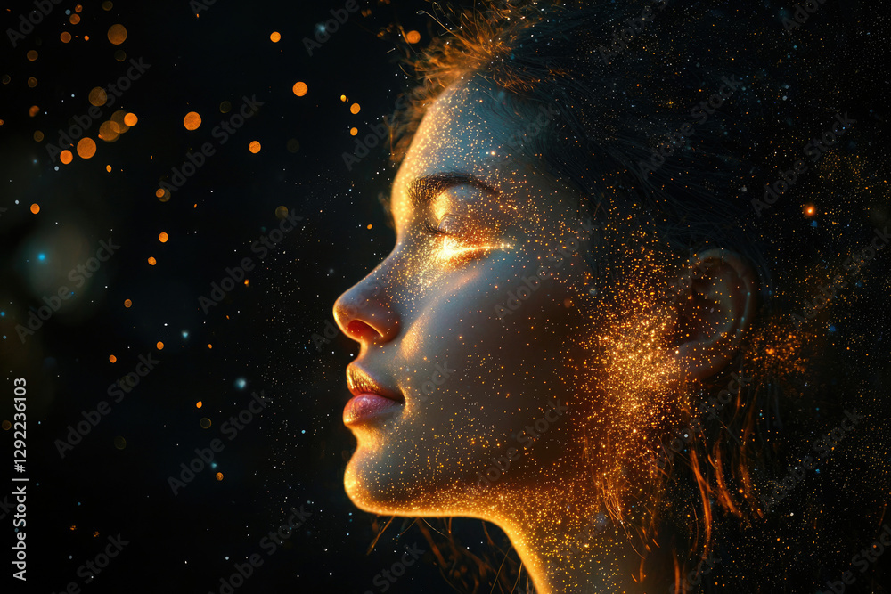 Poster a woman's face is illuminated by golden sparkles, creating a magical, ethereal effect against a dark