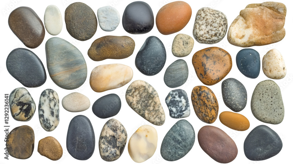Poster smooth colorful pebbles isolated on transparent background, creating a natural and textured arrangem
