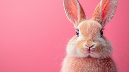 Obraz premium Photo of a little bunny, on a soft pink background Easter theme