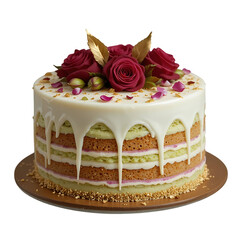 Delicious cake with saffron and pistachio sponge, white chocolate ganache, gold leaf, and rose petals, sweet dessert, celebration cake for birthdays, weddings, and special events
