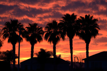 Obraz premium Fiery Sunset Silhouette: Palm Trees at Dusk