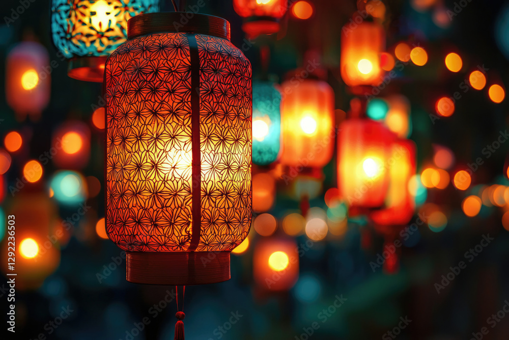 Poster glowing lanterns illuminate a festive night, creating a warm and enchanting atmosphere.
