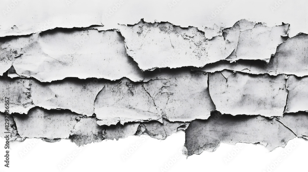 Poster torn white paper strips layering across textured surface, revealing transparent section below backgr