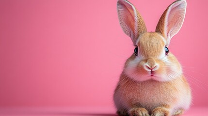 Obraz premium Photo of a little bunny, on a soft pink background Easter theme