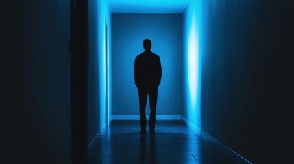 Obraz premium A mysterious, shadowy figure standing alone in a dimly lit room, with cool blue tones and moody lighting.