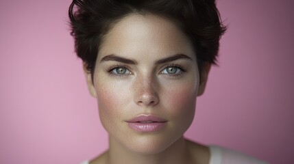 Fototapeta premium Close Up Portrait Freckled Woman Pink Background Soft Lighting