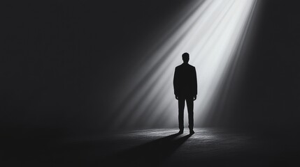 Obraz premium A mysterious silhouette of a man standing motionless in a dimly lit room, with soft ambient light casting long shadows.