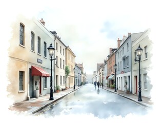 Fototapeta premium Charming streetscape with elegant homes and strolling figures