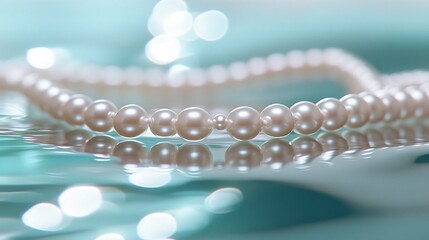 Pearl necklace lying on reflective light surface, with blurred lights background