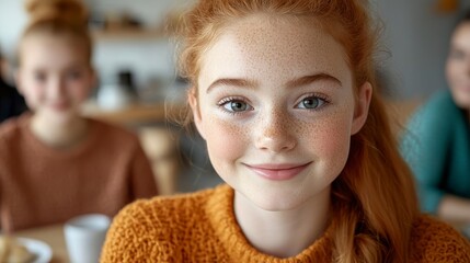 Close Up Portrait of a Freckled Redhead Girl Smiling in Orange Sweater