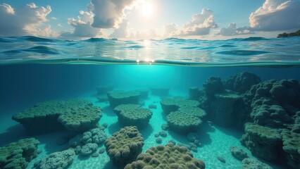 Fototapeta premium Shallow coral reef suffering from bleaching due to climate change effects 