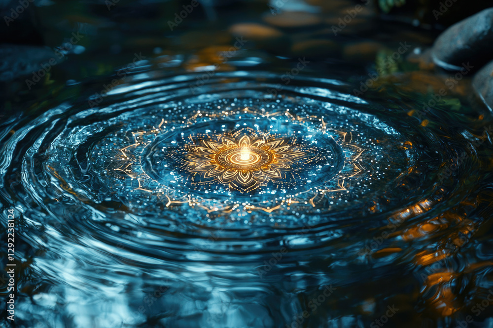 Poster a glowing mandala floats on tranquil water, creating concentric ripples. serene and mystical.