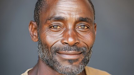 Obraz premium Close Up Portrait of a Man with Speckled Face and Subtle Smile Against Gray Background