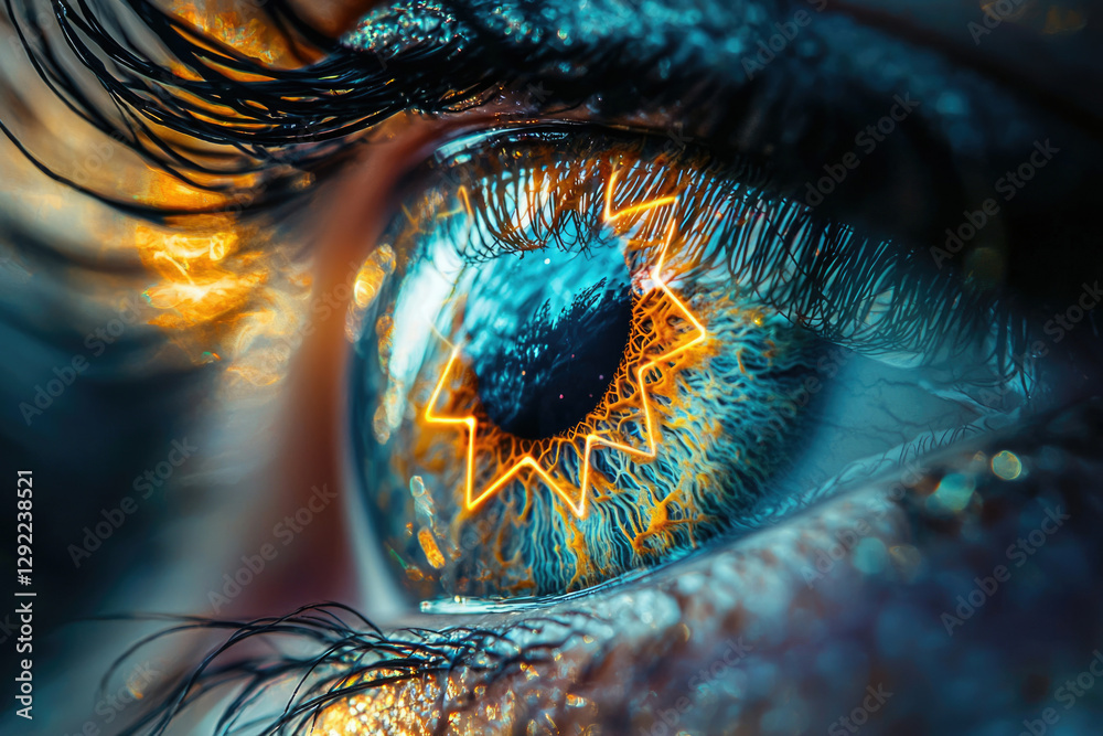 Poster Close-up of a vibrant eye with a glowing starburst pattern reflecting in the iris.