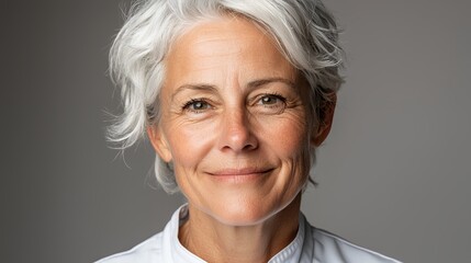 Close Up Portrait of a Mature Woman with Short Gray Hair and Calm Expression
