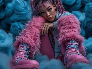 Young stylish, beautiful model, in modern, trendy, airy, soft, fluffy sportswear, in a pink, blue theme.