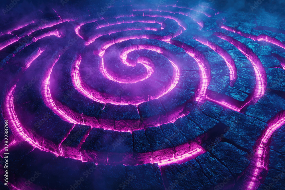 Poster a mystical stone spiral maze glows with vibrant pink light, creating a surreal and enigmatic atmosph