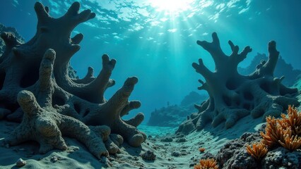 Fototapeta premium Bleached coral structure underwater resembling a tree due to climate change 