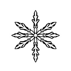 Bold black line drawing of a snowflake-like floral pattern against white background, symmetrical, geometric, circular.