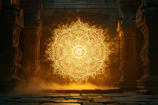 Glowing golden mandala illuminates ancient stone temple, mystical and serene.