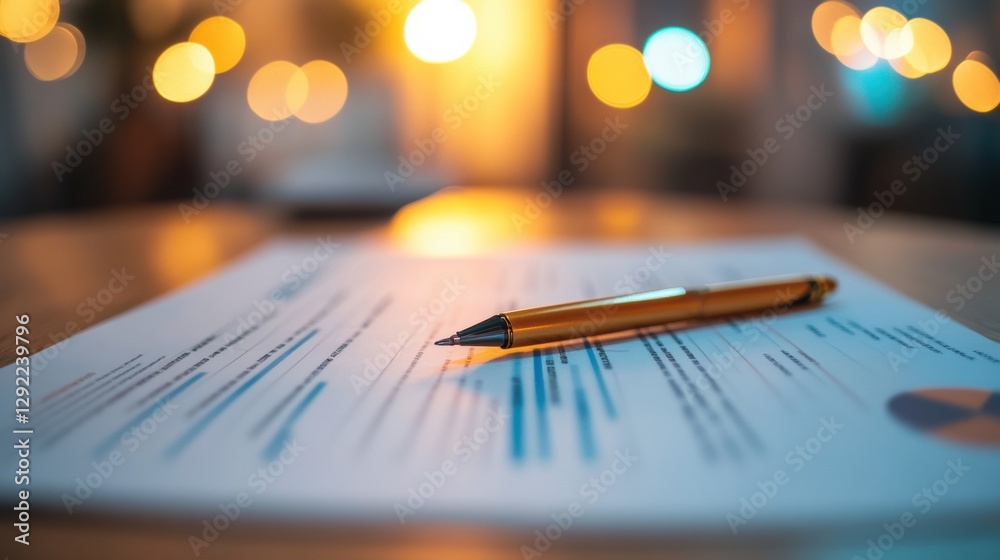 Poster document with planning details and a pen resting on a wooden desk in a softly lit room during the ev