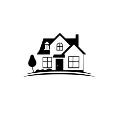 Minimalist black and white house illustration featuring a simple design and a tree on a hill.