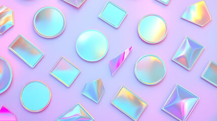 Fototapeta premium Holographic stickers, hologram labels with curl edges. Round, square, oval, rhombus and wavy iridescent foil or silver colored blank rainbow shiny emblems or patches, Realistic 3d vector icons set