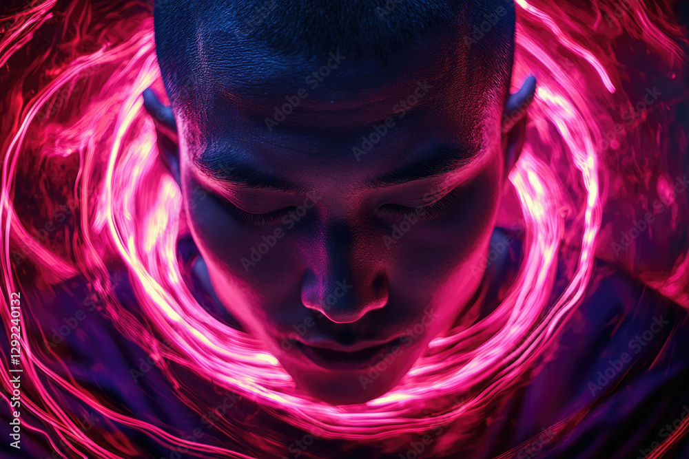 Poster a person's face is illuminated by vibrant pink and purple light trails, creating a surreal and ether