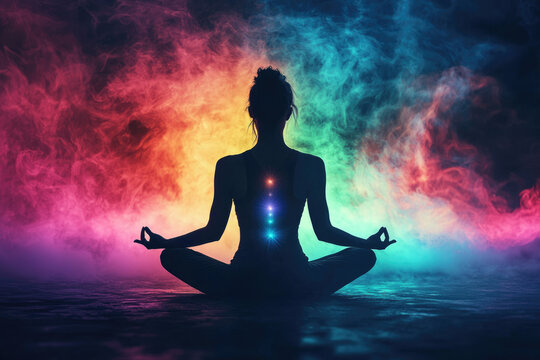 Silhouette of a woman meditating in a colorful smoky background, showcasing inner peace and spiritual energy.