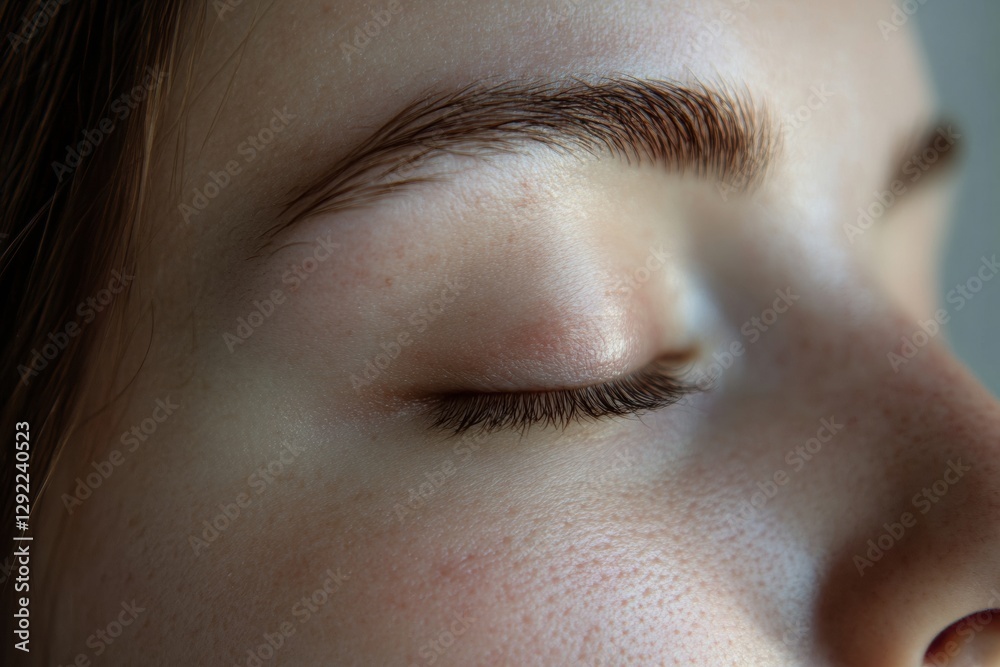 Poster close up of a womans face illustrating facial treatment effects with one side marked and the other w