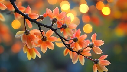 Orange blossoms branch bokeh sunset garden