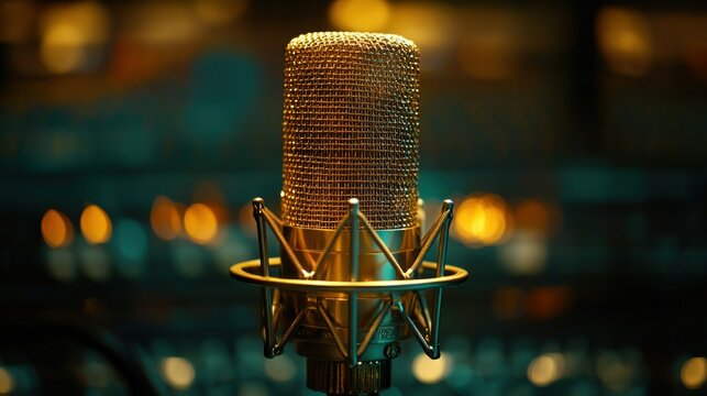 Golden studio microphone in recording booth