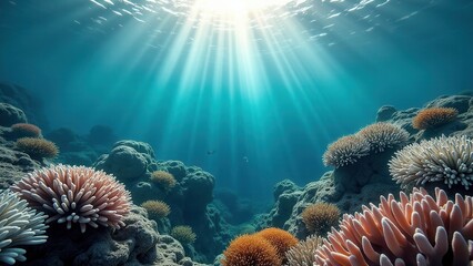 Obraz premium Underwater coral reef with bleached and colorful corals affected by climate change 