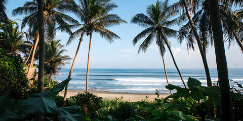 Fototapeta premium Serene Tropical Beach View Through Palm Trees