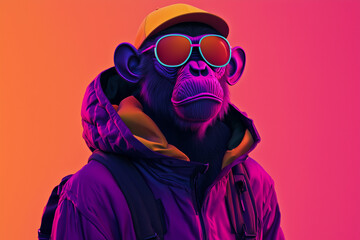 3D digital monkey in streetwear with bright neon details in NFT style isolated solid color background