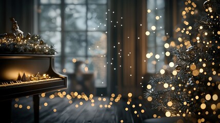   A lit Christmas tree standing beside a piano in a dimly lit room, with a Christmas tree illuminated by sunlight through a window